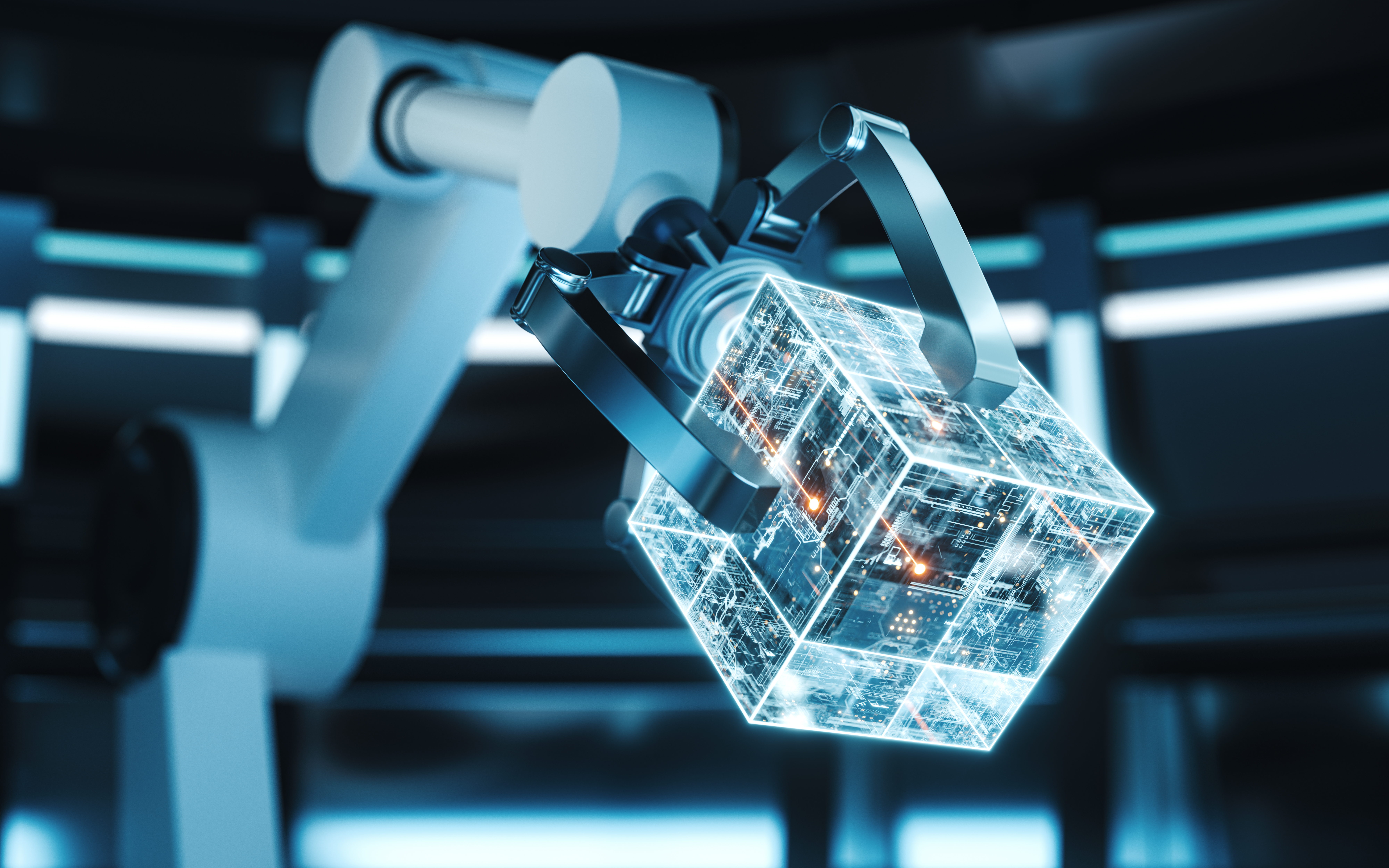 Mechanical arm and cube in a round room, 3d rendering. Computer digital drawing.