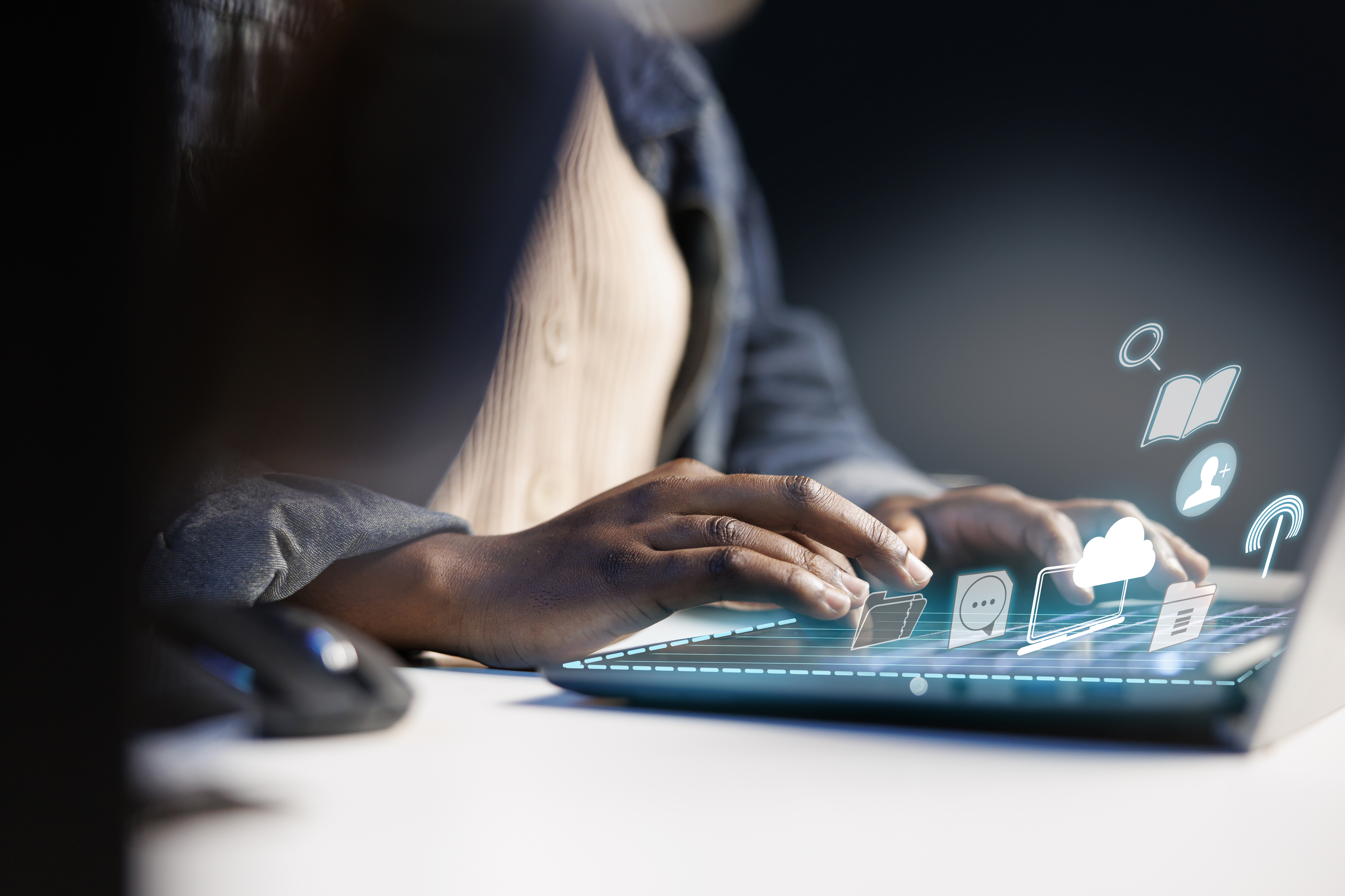 Person typing on laptop keyboard, doing productivity tasks, online connectivity concept. Close up shot of freelancer using augmented reality tech to interact with notebook screen